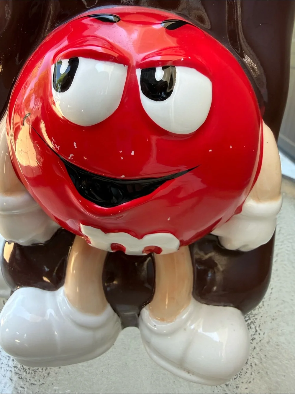 M&M'S Ceramic Cookie Jar with Red and Yellow Characters and Multicolor Candy Top